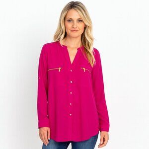 Calvin Klein Hot Pink Button Up Zip Tab Blouse – Size M | EUC